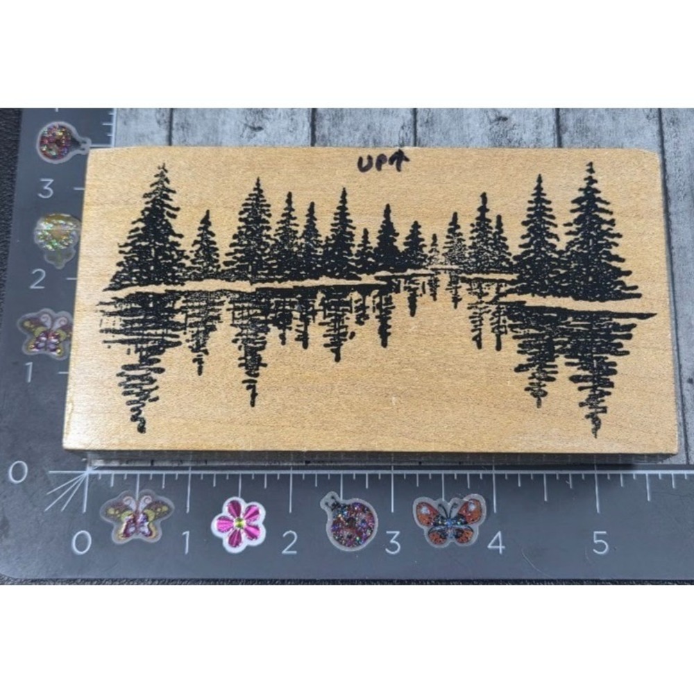CC Rubber Stamps Trees Forest Lake Reflection Rubber Stamp Wood #C21